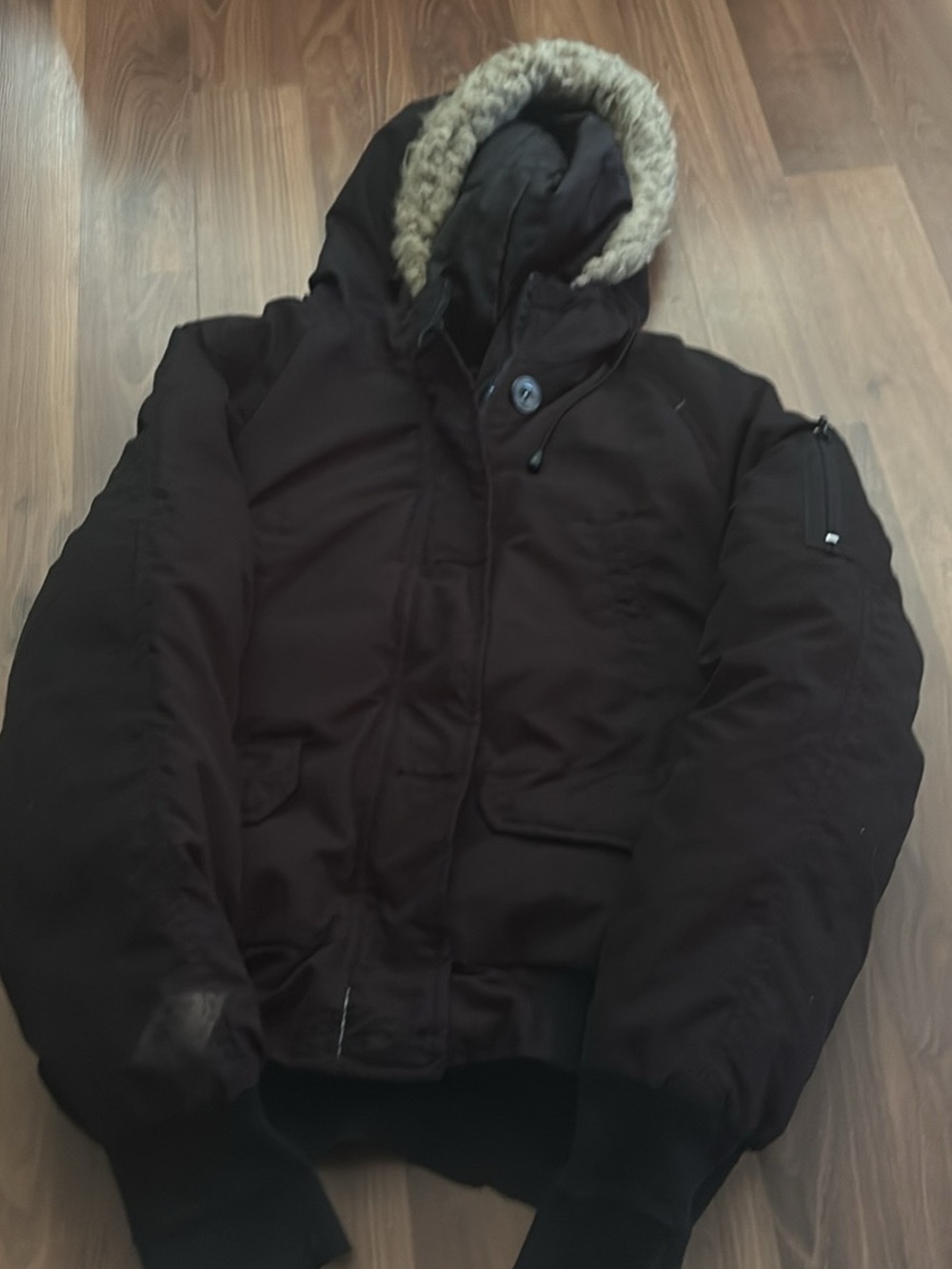 Bluenotes Black Bomber Jacket with Faux Fur Hood Trim